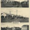 Postcard of Trebisov.  (top)  church next to school,  (middle) Main Street with stores,  (bottom) only two-story bullding at that time in the town.